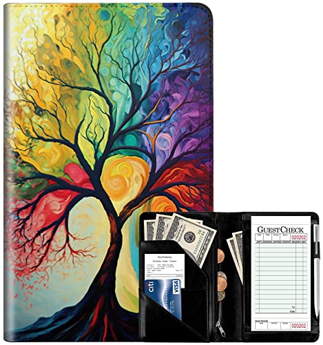 Server Book for Waitress, Leather Waiter Book Server Wallet with Zipper Pocket, Cute Waitress Book & Waitstaff Organizer with Money Pocket Fit Server Apron, Lucky Tree