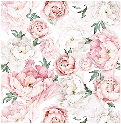 Blooming Wall PS040 Peel&Stick Removable White Pink Fresh Peony Self-Adhesive Prepasted Wallpaper Wall Mural (Pink/White, 17.7“x394”)