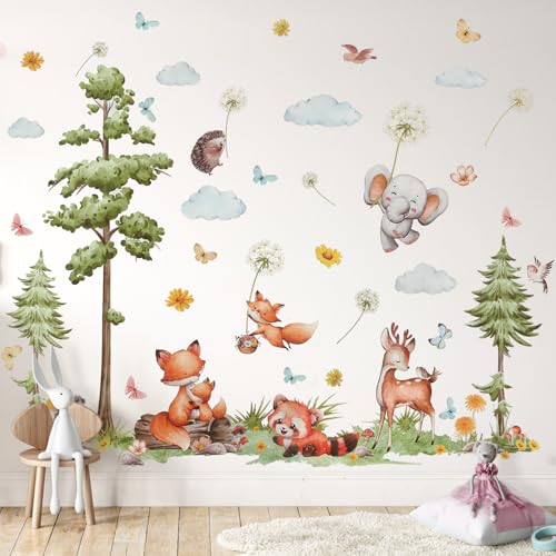 Image of Woodland Animals Wall Stickers - Large Pine Tree Forest, Deer, Fox, Elephant, Squirrel Wall Art Decals for Baby Nursery, Kids Bedroom & Living Room