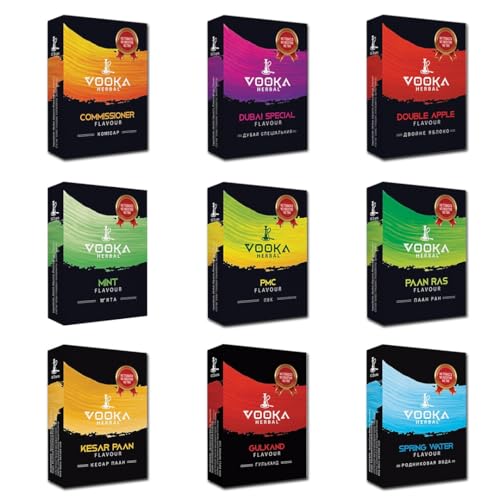 VOOKA HERBAL HOOKAH FLAVORS -PMC / DUBAI APPLE / PAAN RAS / MINT / BRAINFREEZER / DUBAI SPECIAL / COMMISSIONER / GRAPE MINT / BLUEBERRY MINT COMBO (NICOTINE & TOBACCO FREE) PACK OF 9