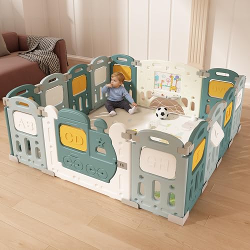 Image of Dawnwake Assembly-Free 14 Panel Playard, Baby Playpen Fence with Crawling Mat and Football for Baby Upto 8 Years with Safety Locking Door & Drawing Board (150x150cm, Foldable) -Green