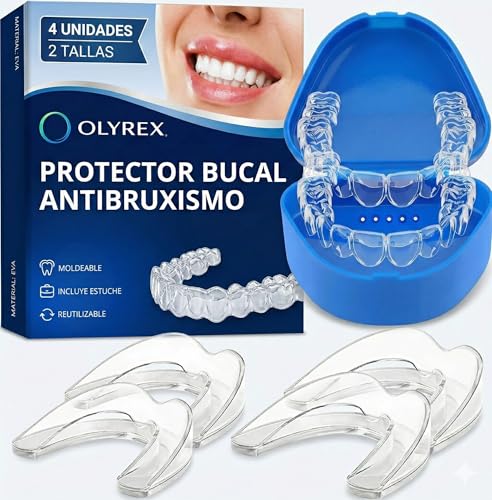 Ferula Descarga Bruxismo 4 Piezas 2 Tamaños – Protector Bucal para Bruxismo y Antironquidos – Férula Dental Noche Ajustable, Moldeable y Reutilizable – Protección contra Rechinar de Dientes – OLYREX®