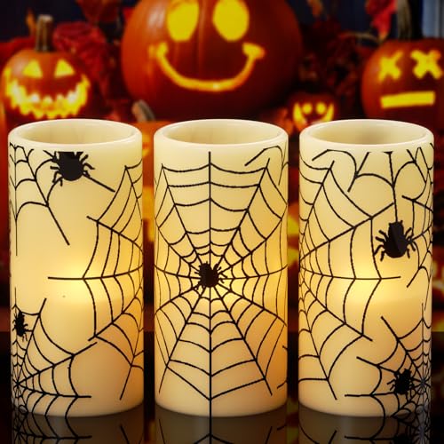 Image of GenSwin Halloween LED Flickering Flameless Candles Battery Operated with Spider Decals, 3 Pcs Pillar Candlestick Real Wax with 6H Timer for Decoration