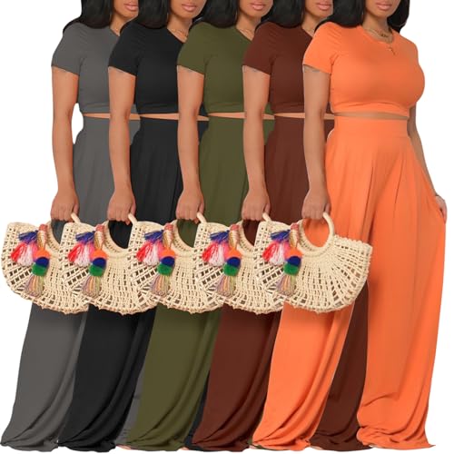 Image of Casual Summer 2 Piece Outfits for Women Crop Top High Waist Pants Sets