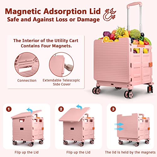 Foldable Utility Cart Collapsible Portable Crate Rolling Carts With Wheels Tote Basket With Magnetic Lid Telescopic Cover Wear-Resistant 360°Rotate Wheel Noiseless For Shopping Storage Office Use #TOP1