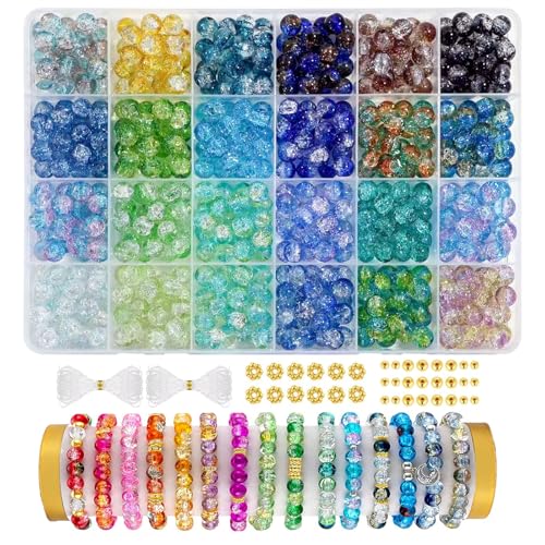 YJWZ 520PCS 8mm Glass Beads for Bracelet Making 24 Colors Round Bead Mix with Solid & Crackle Finish Crystal Gemstone Beads for DIY Jewelry Making Supplies for Adults and Kids