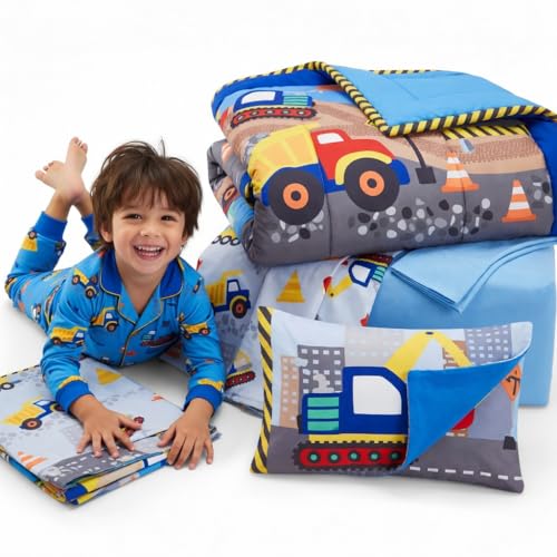 Image of EVERYDAY KIDS 4 Piece Toddler Bedding Set - Under Construction - Includes Comforter, Flat Sheet, Fitted Sheet and Reversible Pillowcase