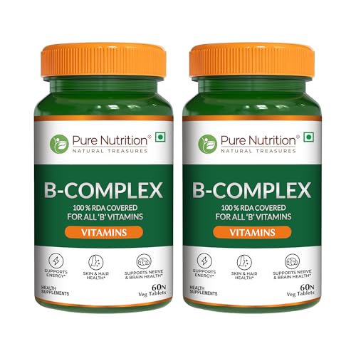 Image of Pure Nutrition B-Complex 120 Veg Tabs (60 X 2)| 100% RDA of B1, B2, B3, B5, B6, B9 | Boosts Immunity, Supports Hair Growth, Energy & Overall Health for Men & Women