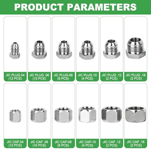 Image of 72 Pcs JIC 37 Plug and Cap Kit, Flare Threads Hydraulic Hose Fittings Carbon Steel Pipe Fitting Set hydraulic plugs and caps kit with Precision Threads, Size 4 6 8 10 12 16