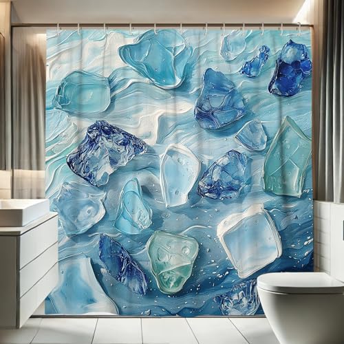 Glas-Duschvorhang, blau-türkis, Ozeanwellen-Design, Duschvorhang für Badezimmer, Sommer, Strand, modern, künstlerisch, wasserdicht, Stoff-Duschvorhang-Set mit Haken, 157 x 183 cm