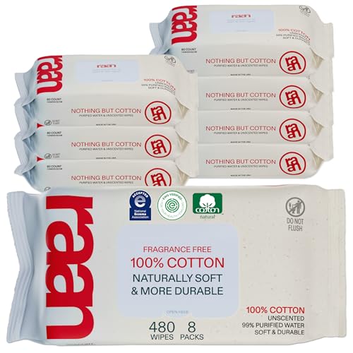 Image of Raan, 100% Cotton Baby Wipes, Unbleached, 99% Purified Water, Unscented, EWG verified, For Extra Sensitive Skin, Naturally Soft and Durable, 8 pack, 480 Count