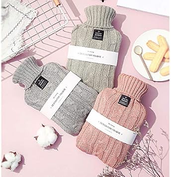 Small Cute Hot Water Bottle with Knit Cover, 1L Hot Water Bag for Children, Hot and Cold Compress, Hand Feet Warmer, Neck and Shoulder Pain Relief