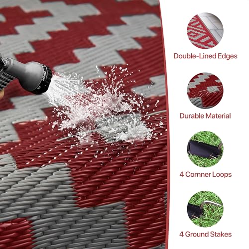 Image of GENIMO Outdoor Rug, Waterproof Plastic Rugs for Patio, 6'x9' Red Grey