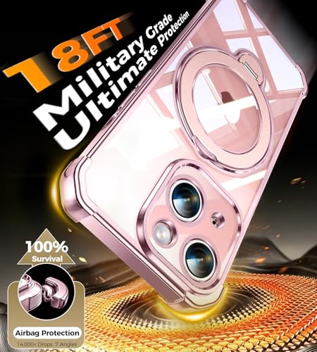 Image of Soft Case for iPhone 15 with 360 Rotating Magnetic Stand, Compatible with Mag-Safe, 4X MIL-Drop Protection, Lightweight Glossy Anti-Yellowing Clear Back Phone Cover for iPhone 15 6.1 inch, Pink