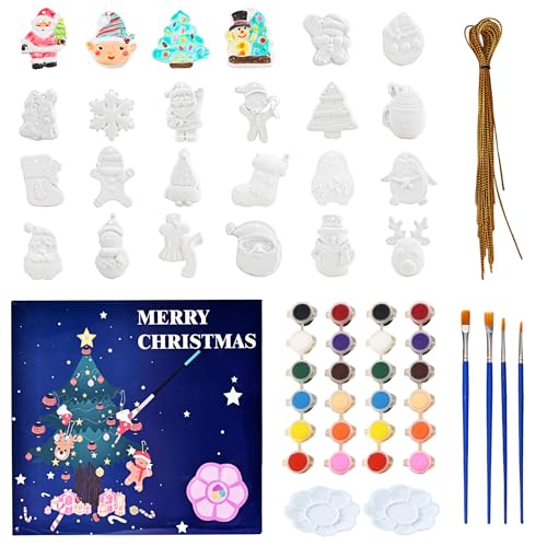 GloomGlo 24pcs Christmas Plaster Painting Kit for Kids Non-Toxic DIY Ceramic Ornament Craft Set with Snowman/Gingerbread Man Christmas Tree Decorations(Christmas 1)
