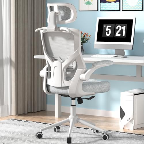 Ergonomic Office Chair, High Back Mesh Desk Chair with Thick Molded Foam Cushion, Coat Hanger, Adjustable Headrest, Lumbar Support, Tilt & Lock Function - Computer Chair (Light Grey)
