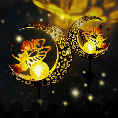 2 PCS Sun Solar Garden Lights Outdoor Decor Waterproof Metal Decorative Stakes for Patio Yard Gifts for Mom Grandma Senior Outdoor Moon Decor Ornament for Balcony Garden Patio Yard Lawn