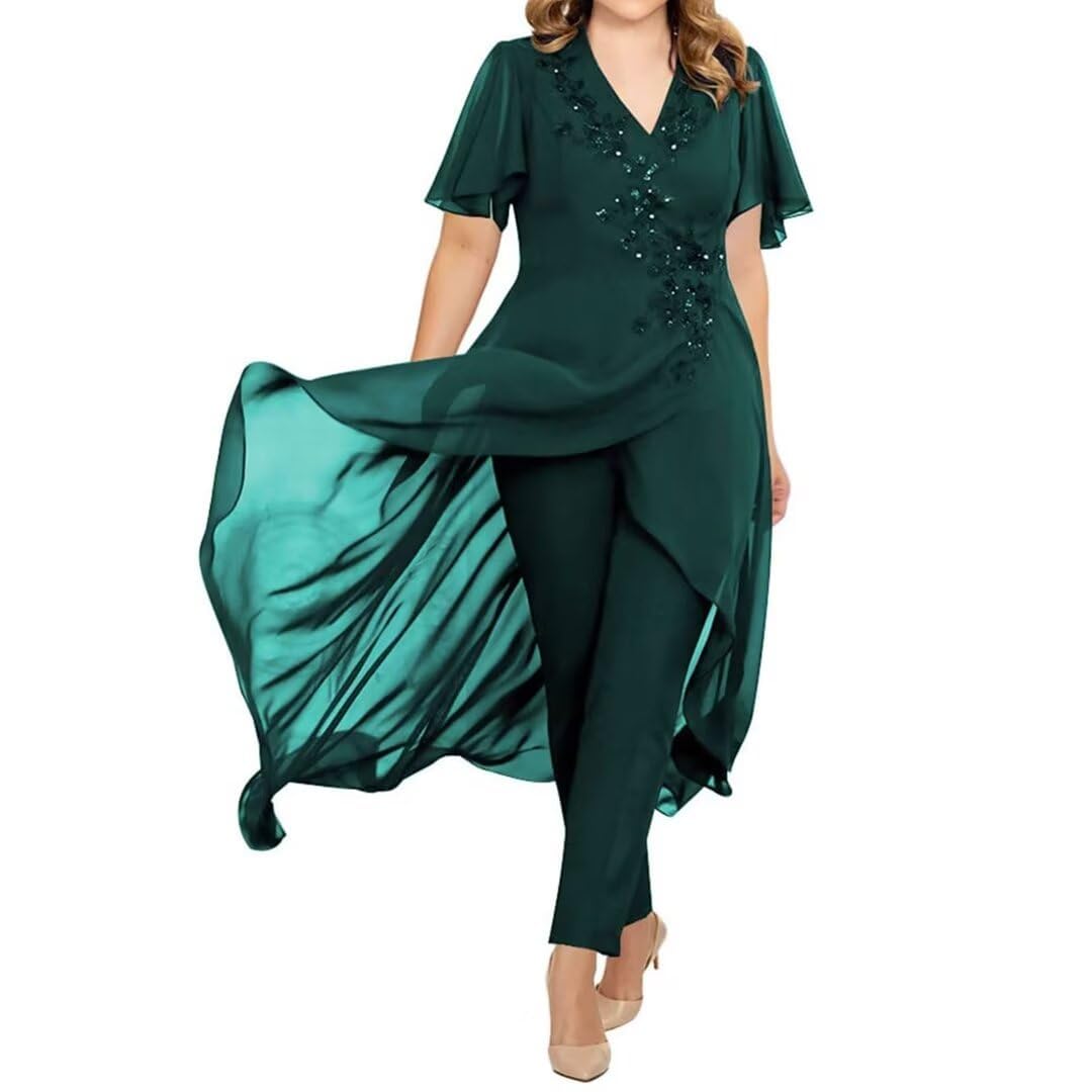 Plus Size Mother of The Bride Pant Suits 2 Pieces Chiffon Outfit Womens Jumpsuit