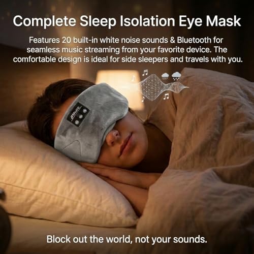 Image of Sleepals Bluetooth Sleep Mask with 24 Built-in White Noise Sounds, Ultra-Slim Headphones for Side Sleepers, 100% Light Blockout 3D Eye Mask, Washable Fleece Sleep Headphones (Gray)