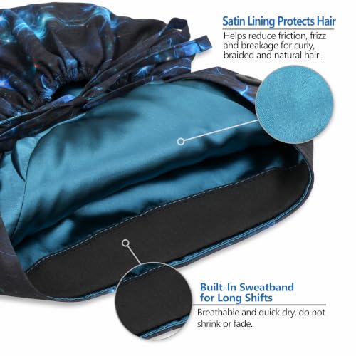 Image of Satin Lined Scrub Cap for Women, Bouffant Nurse Cap with Sweatband and Buttons, Adjustable Surgical Hat for Curly Hair, Braids, Long Hair and Buns, Stellar Surge