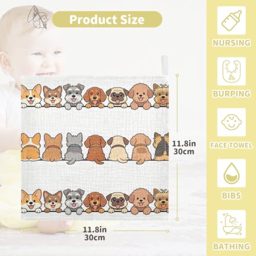 Image of Dog Faces Baby Muslin Washcloths Cute Burp Cloths Soft Absorbent Baby Wash Cloth Fingertip Face Towels for Newborn Boys Girls 12 x 12 in, 5 Pack