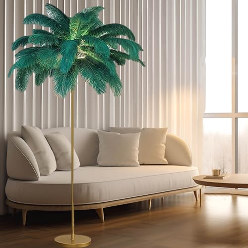 ZHAGNZHE Lámpara de Pie de Pluma de Avestruz Natural Lámpara de Pie LED con Interruptor de Pie Acabado Dorado Elegante Pantalla de Plumas para Decoración de Sala de Estar Y Dormitorio (Green)
