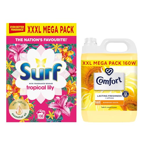 Surf Laundry Powder Tropical Lily & Ylang-Ylang 130 Washes 6.5 KG Washing Powder with Comfort Fabric Softener XXL Mega Pack Fabric Conditioner of Your Choice 160 Washes 4.8 Litre (Sunshiny Days)