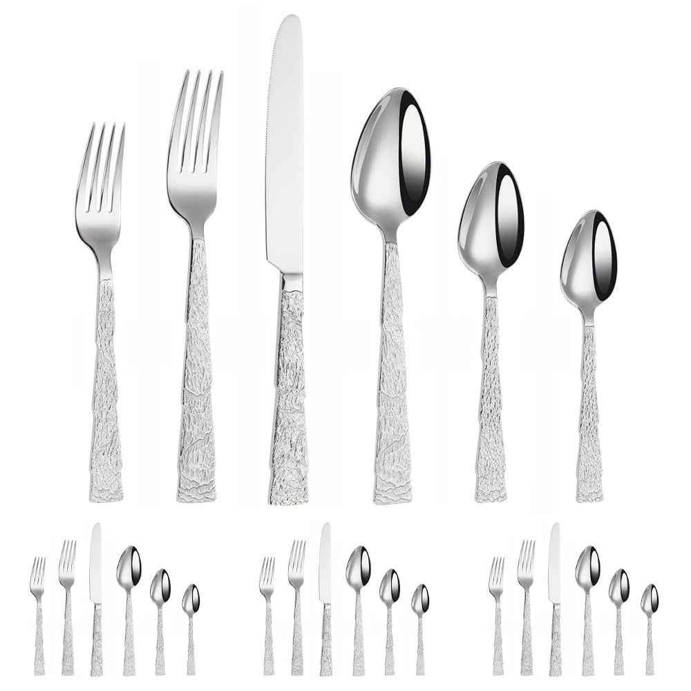 Juego de Cubiertos de Acero Inoxidable con diseño de Piedra en Relieve, Cuchillo, Tenedor y Cuchara, vajilla de Cocina, Cubiertos para Carne, cucharilla (Plata, 24 Piezas)