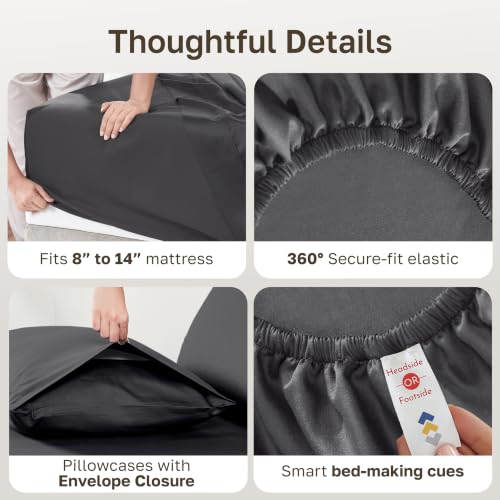 Image of California Design Den King Size Sheets Set - Natural 100% Cotton Sheets King Size with Deep Pockets, Soft Sateen Weave, Breathable and Durable Bedding Set Dark Grey (Black Tone)