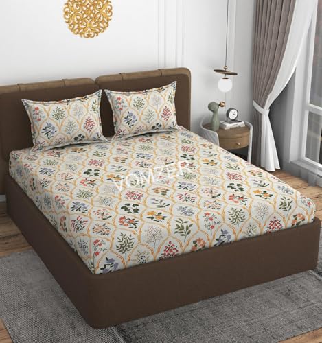 Image of VOMZER Premium 320 TC Fitted Bed Sheet with Full Elastic - Deep Pocket Design - Wrinkle Resistant Fitted Bedsheet 60x78 Queen Cream Flower Leaf