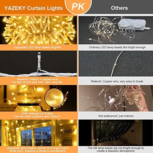 YAZEKY LED Window Curtain Lights 3mx3m, Fairy Lights Window Christmas Lights with Remote Control Powered by USB or Battery Operated Warm White Xmas String Lights 8 Modes for Indoors and Outdoors IP44