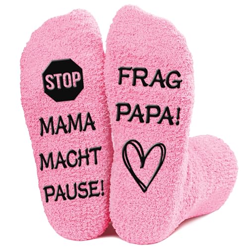 Gemtte Socken Geschenk Mama 38-41 Rutschfest Baumwolle, Lustige Socken Frauen MAMA MACHT PAUSE! FRAG PAPA! Geschenk Damen für Valentinstag, Muttertag
