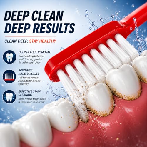 Image of MAXI Angular Hard Bristles Toothbrush with Anti-Bacterial Travel Case | Big Brush Head for Deep Plaque Removal & Stain Cleaning | Multicolor Pack of 6