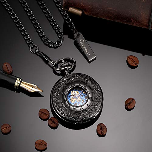 Treeweto Men's Mechanical Skeleton Pocket Watch For Mens Women Blue Roman Numerals Dial Black Double Case Pocket Watches #TOP3