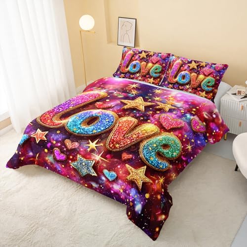 Image of QOOMO Colorful Love Kids Bedding Set,Cartoon Stars Print Comforter Set Queen Size for Boys Girls Room Decoration,Soft Lightweight Bed Set All Season,1 Comforter Set 2 Pillowcases
