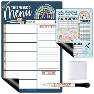 Hadley Designs Boho Magnetic Weekly Meal Planner Dry Erase Board for Refrigerator-Weekly Dinner Menu Board for Kitchen Conversion Chart Magnet, Grocery List Magnet