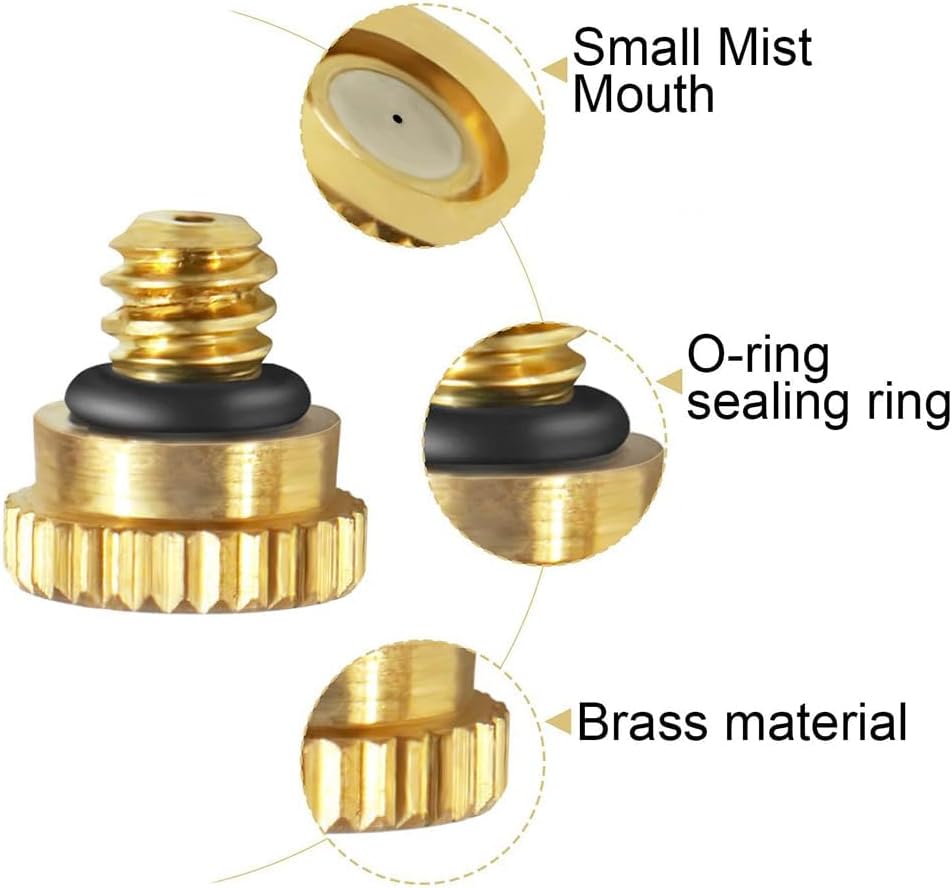 Brass Misting Nozzles Orifice 0.032" (0.8 mm) 10-24 UNC, Water Mister Parts Fog Nozzles for Patio Misting System Outdoor Cooling System Low-Pressure Atomizer 50pcs 0.2mm