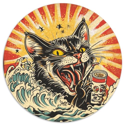 Juego de puzzle 1000 piezas redondo con diseño de gato negro y olas artísticas decorativo