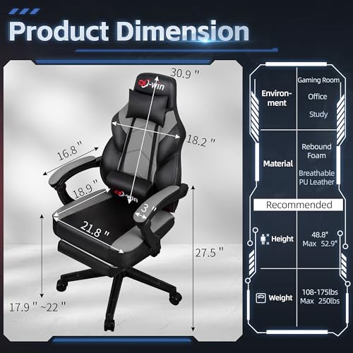 Gaming Chairs for Adults, Computer Chair with Footrest and High Back, Big and Tall Gamer Chair's with Massage Lumbar Support, 360° Swivel Height Adjustable Gaming Chair, Grey - Image 4