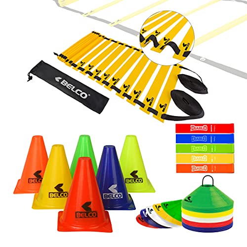 Image of BELCO Sports PVC Cones, Pack 6, 10 Space Markers and Ladder Agility, 4 Meter Combos (Multicolour, 6 Inch)