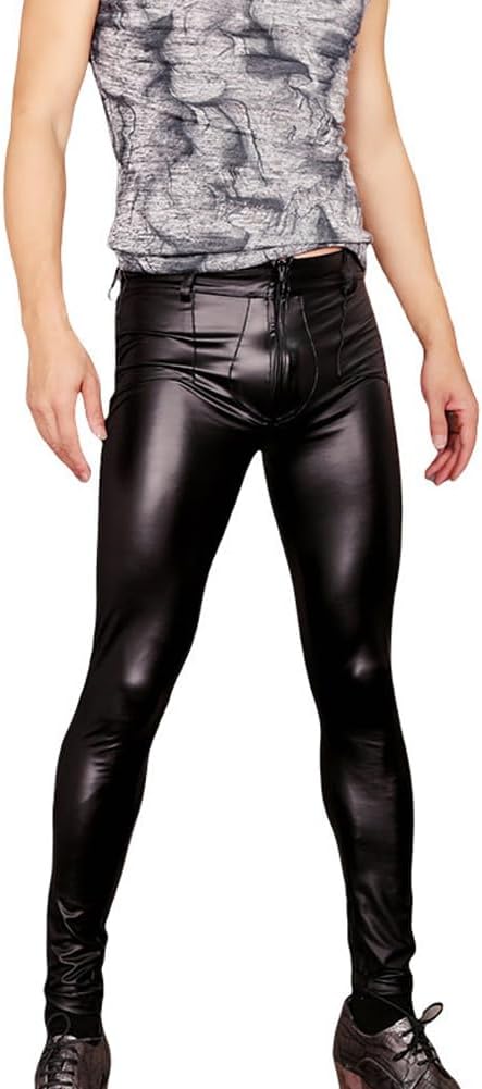 Men's Fashion Shiny Synthetic Latex Stretchy Tight Leggings Slim Fit Skinny Biker Long Pants Trousers Clubwear