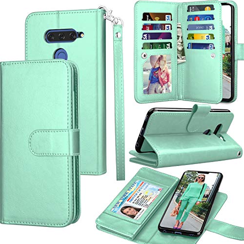Tekcoo Wallet Case for LG V40 / LG V40 ThinQ, Tekcoo Luxury ID Cash Credit Card Slots Holder PU Leather Purse Folio Flip Carrying Cover Cases [Detachable Magnetic Hard Case] Kickstand - Turquoise