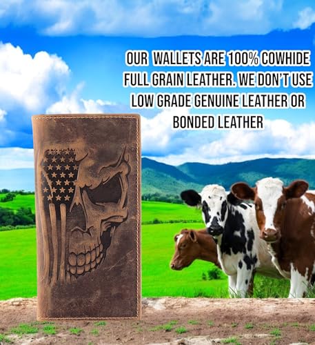 Image of F&L CLASSIC Men's RFID Vintage Look Genuine Leather Long Bifold Wallet Checkbook Wallets,brown flag skull,240-103