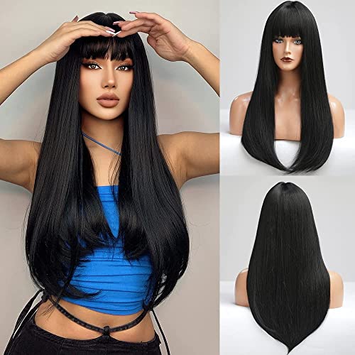 EMMOR Black Wigs Long Straight Wig With Fringe Hair for Women Synthetic Natural Black Hair Party And Cosplay Premium Soft Wig(26" Black)