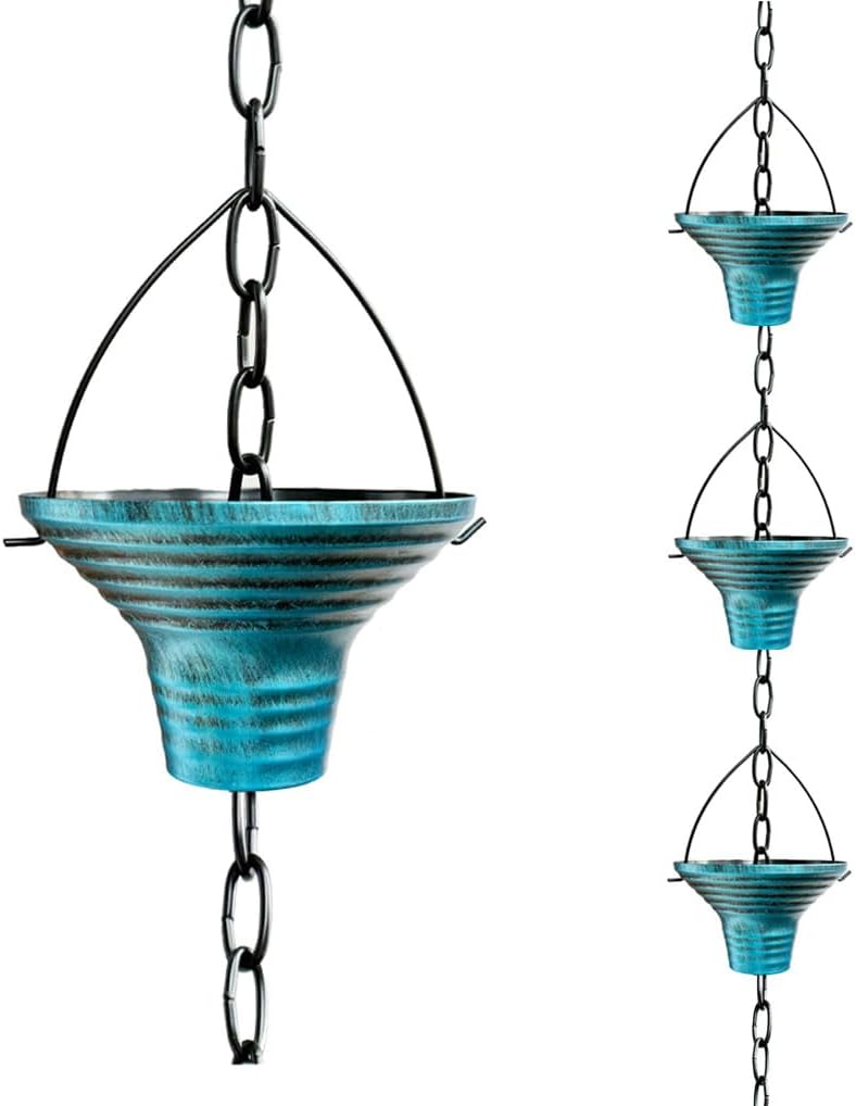 Artistic Wrought Iron Rain Chain | 12-Cup Design with Textured Pattern | 260cm (8.5ft) | Yellow, Blue, Black | Garden Water Drainage Decor (Yellow)