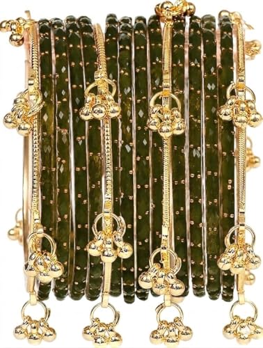 Image of JPS 16 Pcs Trendy Stylish Glass & Kashmiri Ghungroo Bangles Set for Women & Girls | Gold-Plated Traditional Festive Wedding Party Jewellery Chudi Set (12 Glass + 4 Metal)
