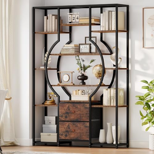 DWVO 6-Tier Bookshelf, Etagere Bookcase w/2 Drawers & 12 Open Shelf, Wood and Metal Book Shelf Storage Organizer, Industrial Display Shelf Unit for Study Living Room Bedroom Home Office, Rustic Brown