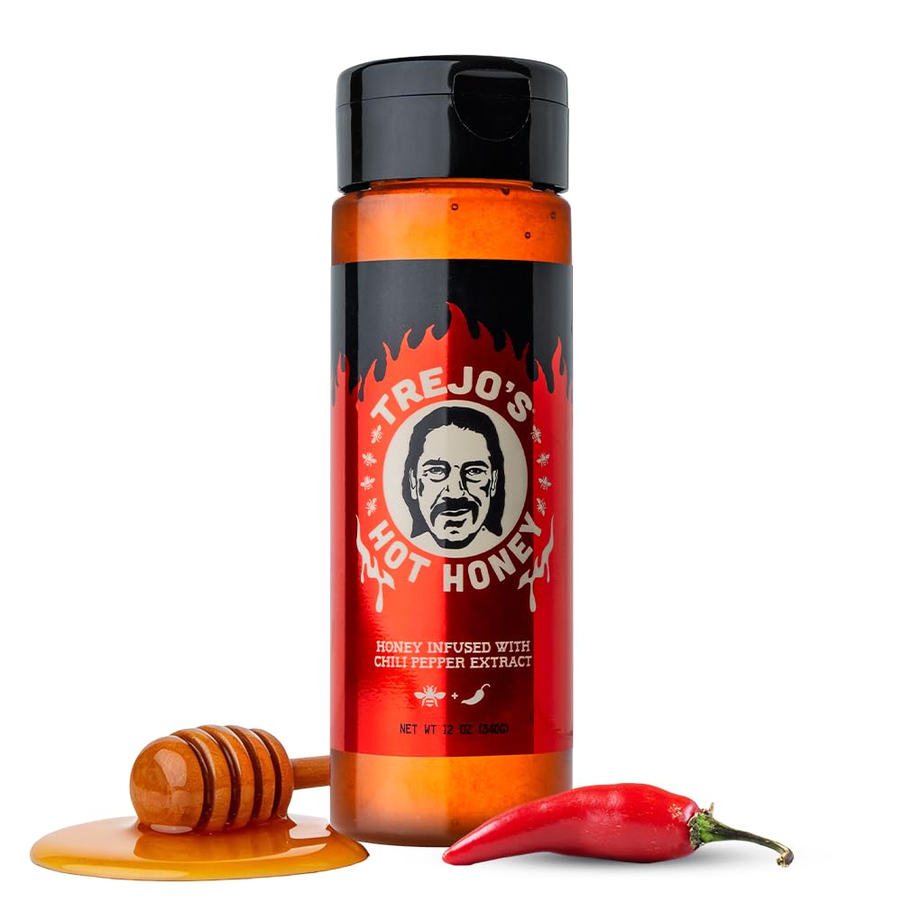 Trejo's Tacos Hot Honey | Sweet and Spicy Honey Hot Sauce | Infused with Chili Pepper Extract | Great for Topping or Dipping Sauce for Oatmeal, Ice-Cream, Fried Chicken & Bbq - Pure and Gluten Free | Authentic Creation by Trejo's Tacos - Pack of 1