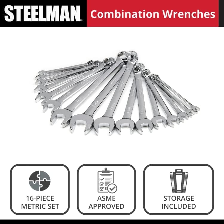 Miniatura 6 de Steelman Pro Juego de herramientas de 16 piezas de llaves combinadas métricas de 6 puntos, acero duradero con cromo pulido completo, llamadas de