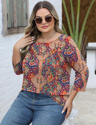 TFSDOD Womens Plus Size Tops 3/4 Length Sleeve Blouses Crew Neck Shirts Casual Loose Tunic Tops 1X-5X4
